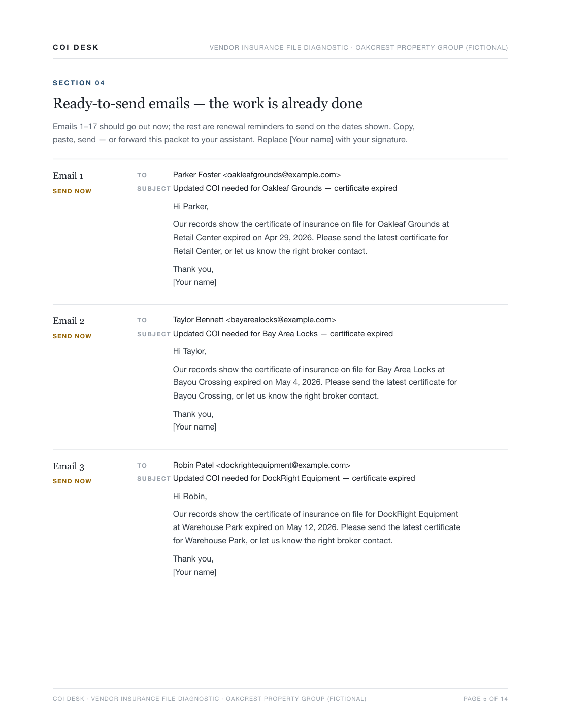 Report page: ready-to-send chase emails, fully written